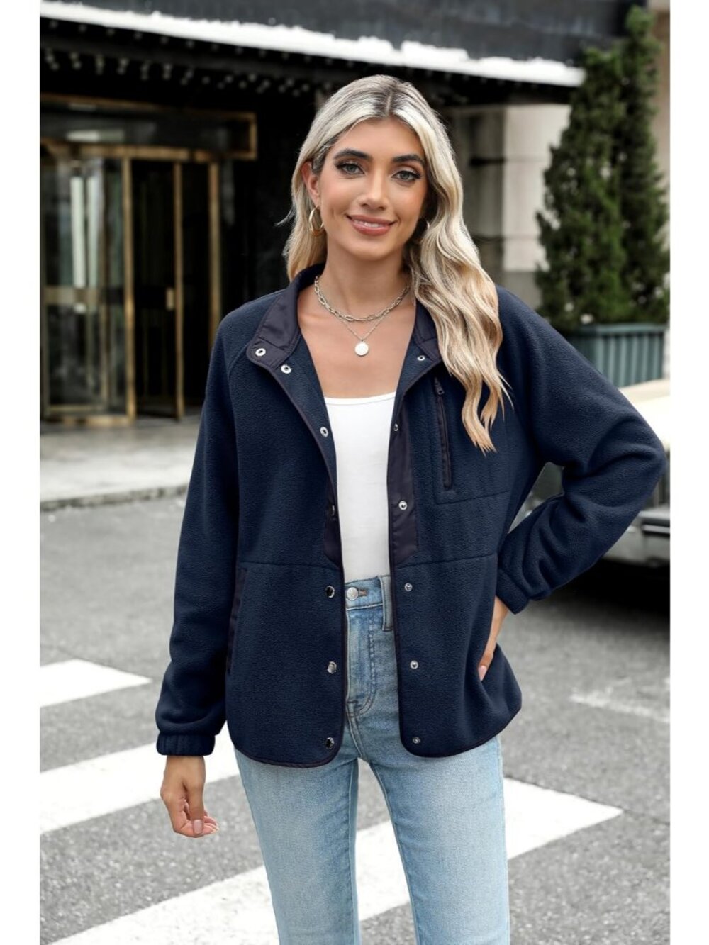 Women's Navy Blue Fleece Jacket Western Aztec Print Snap Button Down Outerwear - Picture 3 of 3